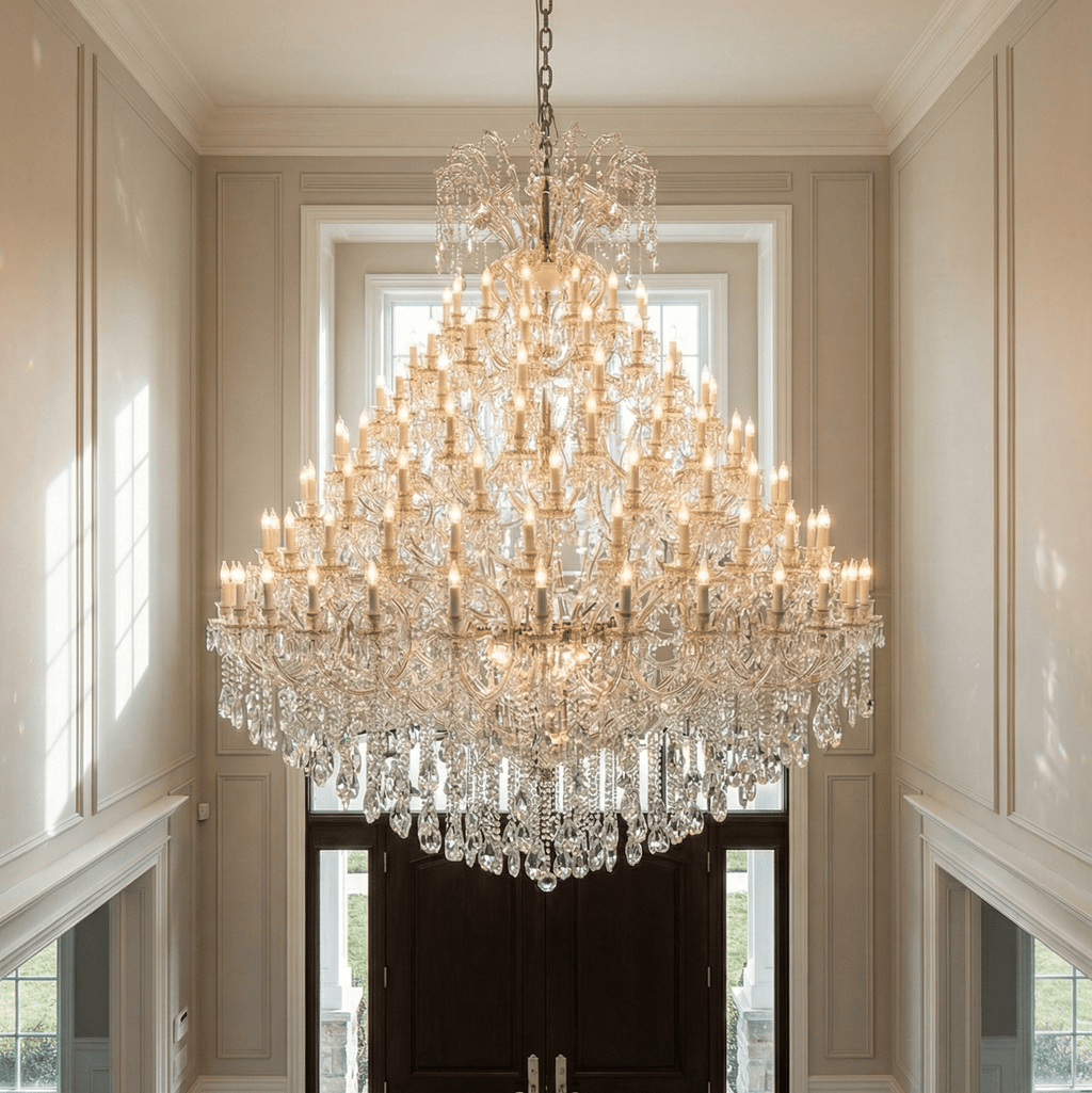 144 Light Huge Maria Theresa crystal chandelier hanging in a grand foyer, featuring hand-cut crystal drops, classic European design, and elegant luxury entryway lighting