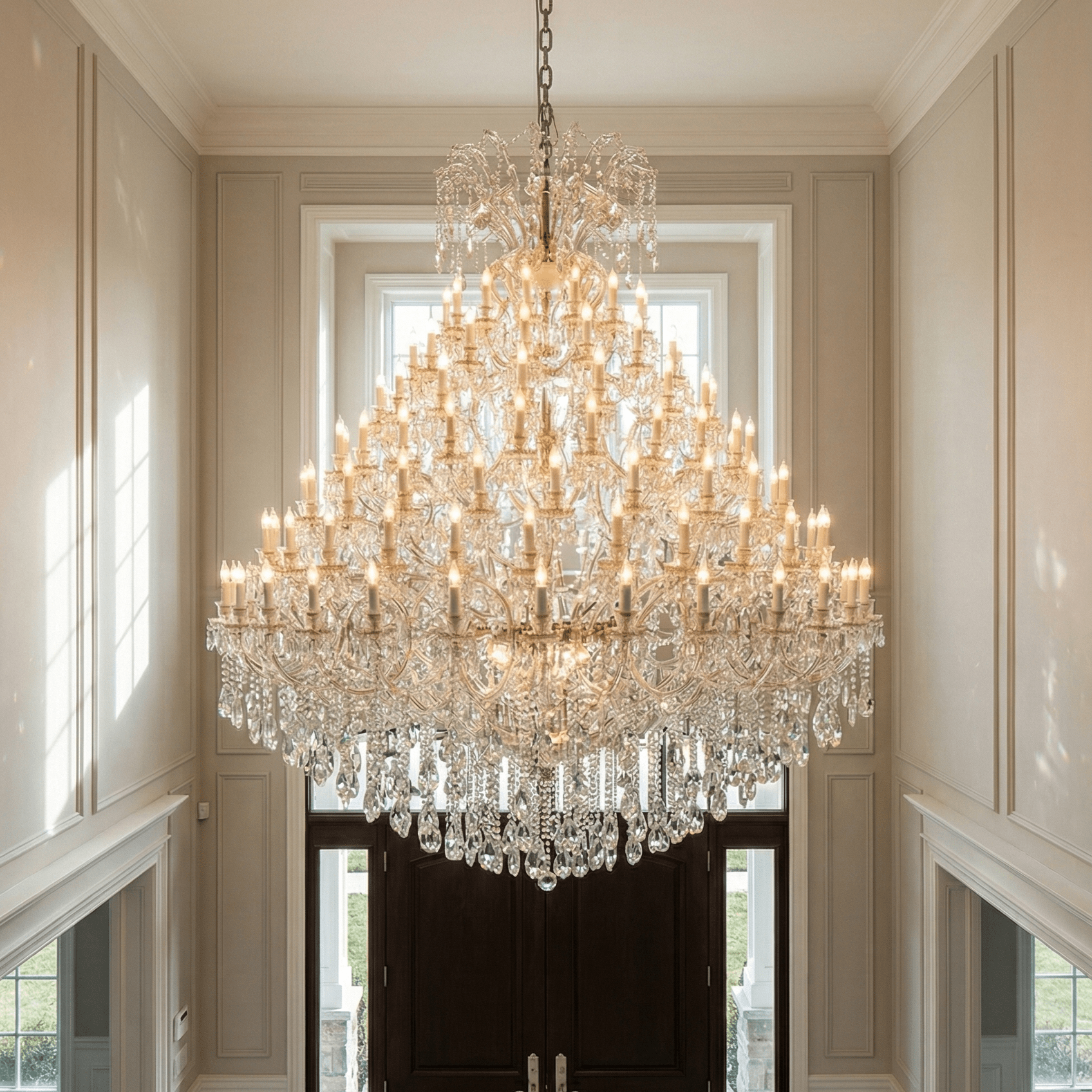 144 Light Huge Maria Theresa crystal chandelier hanging in a grand foyer, featuring hand-cut crystal drops, classic European design, and elegant luxury entryway lighting