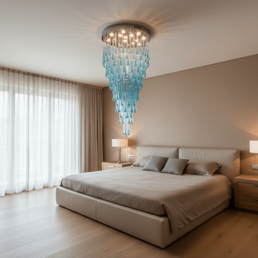 22" Blue Rainfall flush-mount in luxury bedroom