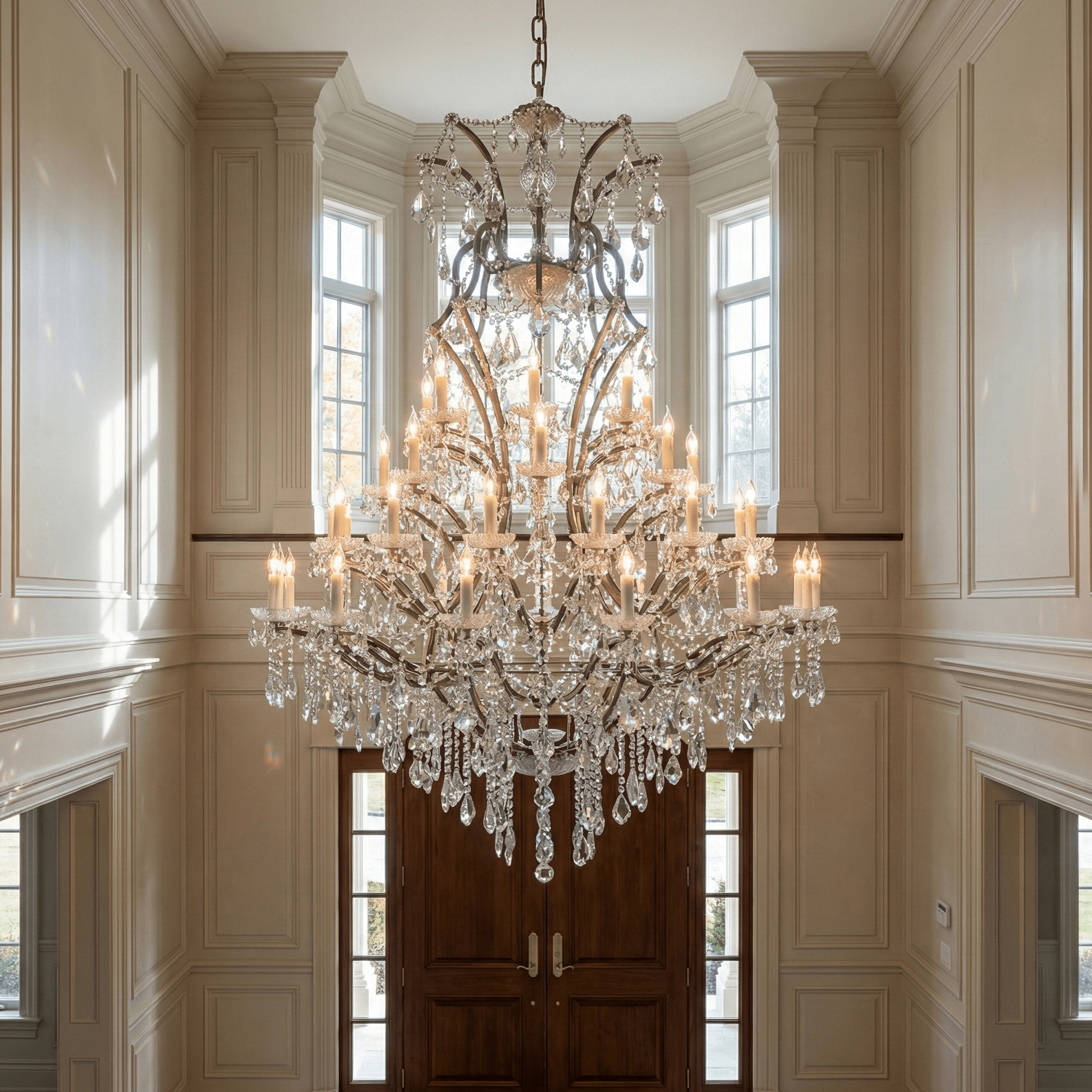 50 Light 60-inch Rococo Maria Theresa chandelier installed in a grand double-height foyer, showcasing cascading crystal tiers and timeless luxury design