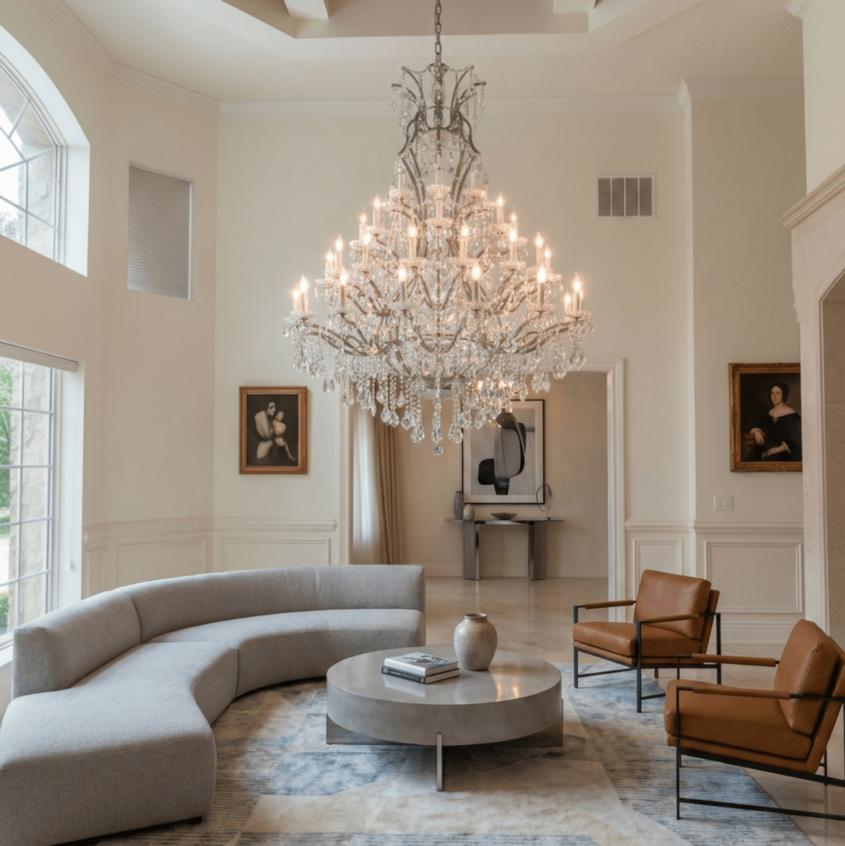 50 light Rococo Maria Theresa chandelier installed in a high-ceiling furnished interior, emphasizing vertical drop, crystal tiers, and luxury craftsmanship