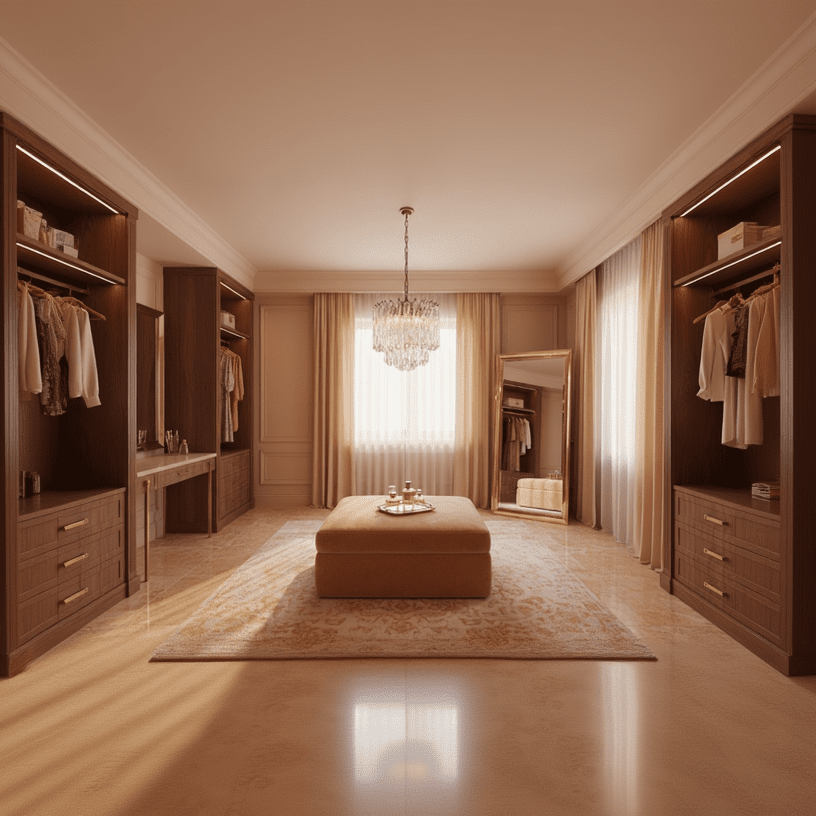 small glass chandelier in luxury room with warm colors.