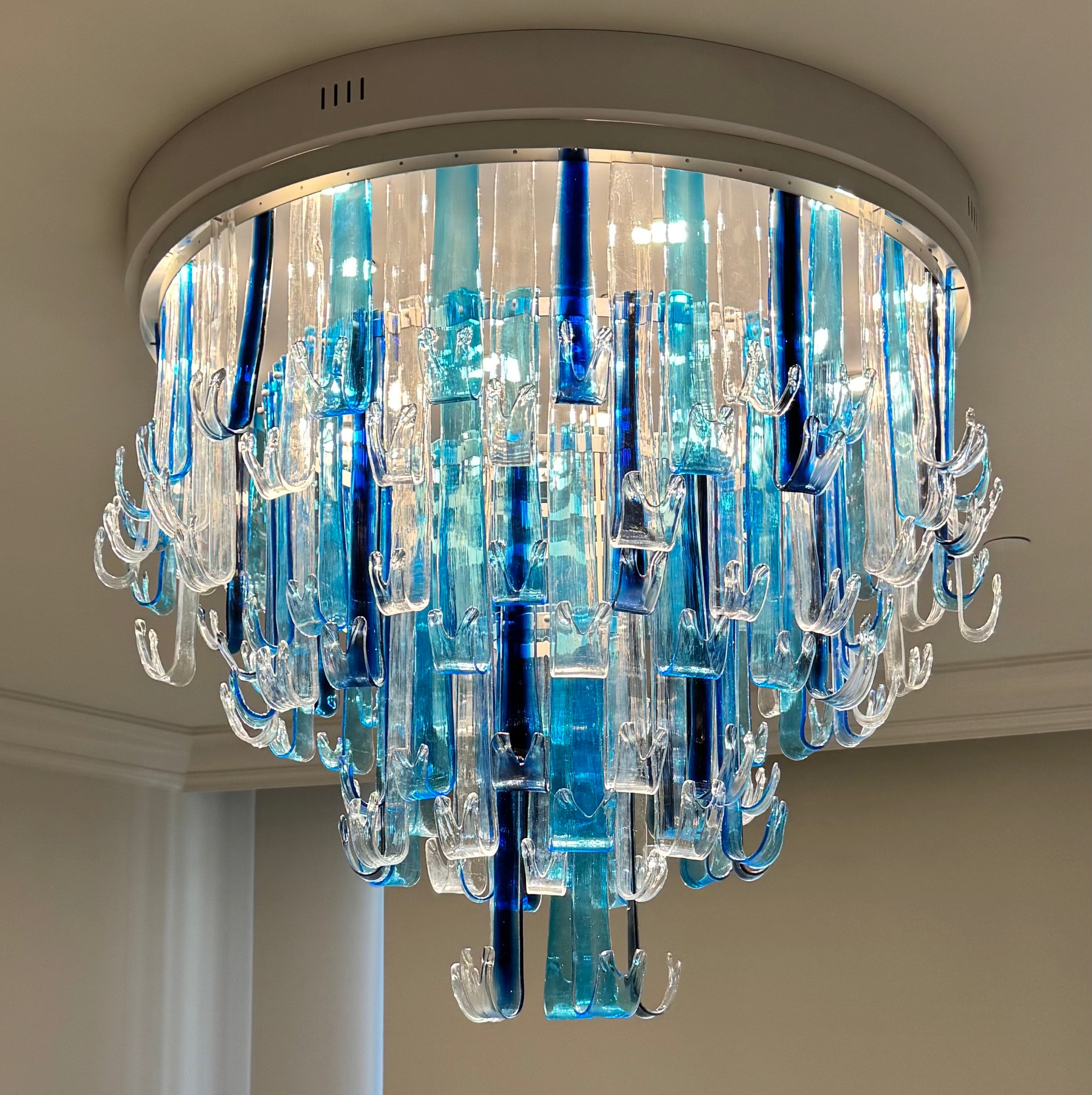 Blue Murano Waterfall Glass Chandelier mounted to ceiling