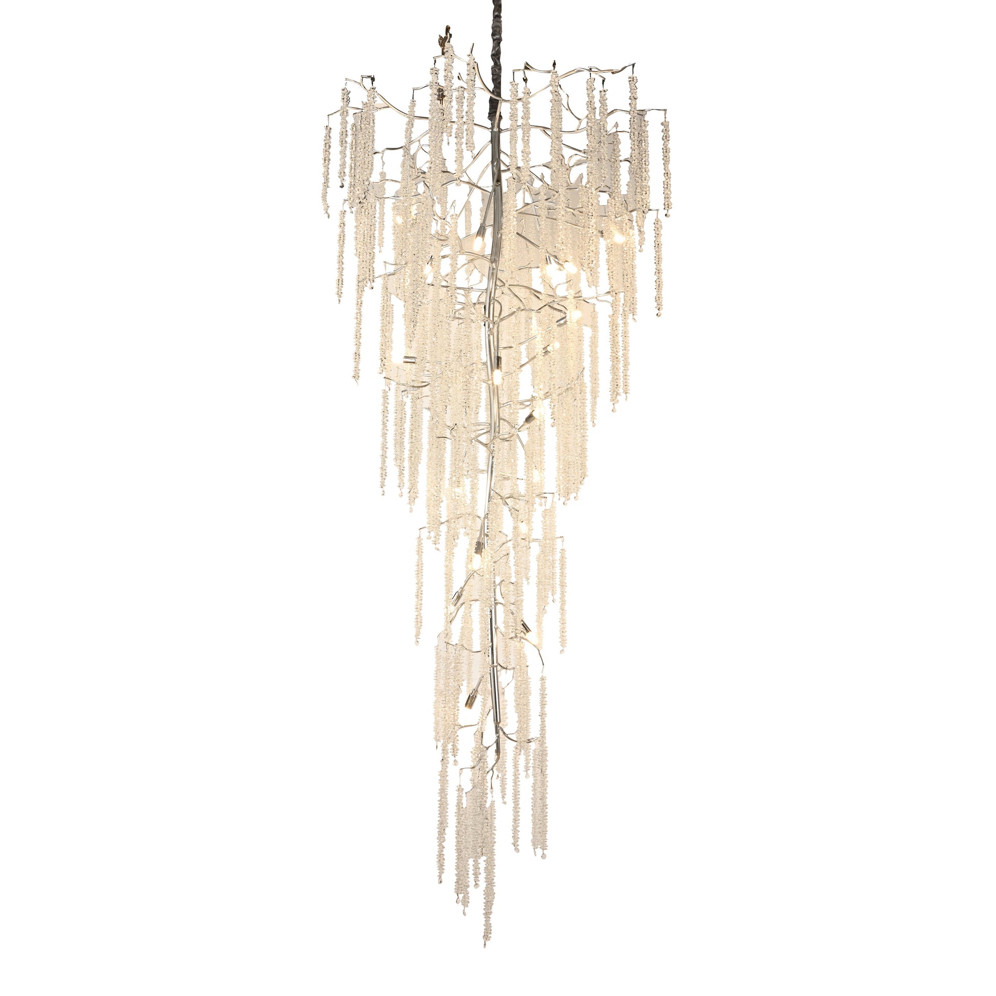 Catherine Crystal Rainfall Foyer Branching Silver Chandelier mounted to foyer.