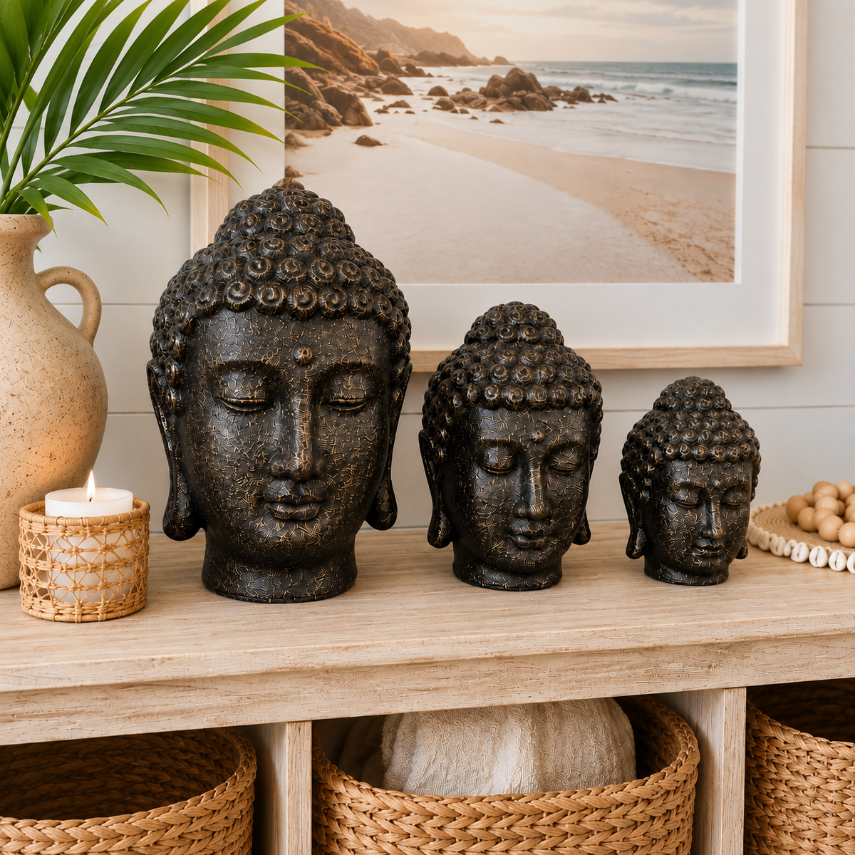Set of 3 Handcrafted GRC Buddha Head Sculpture – Bali Indonesia Coastal Decor