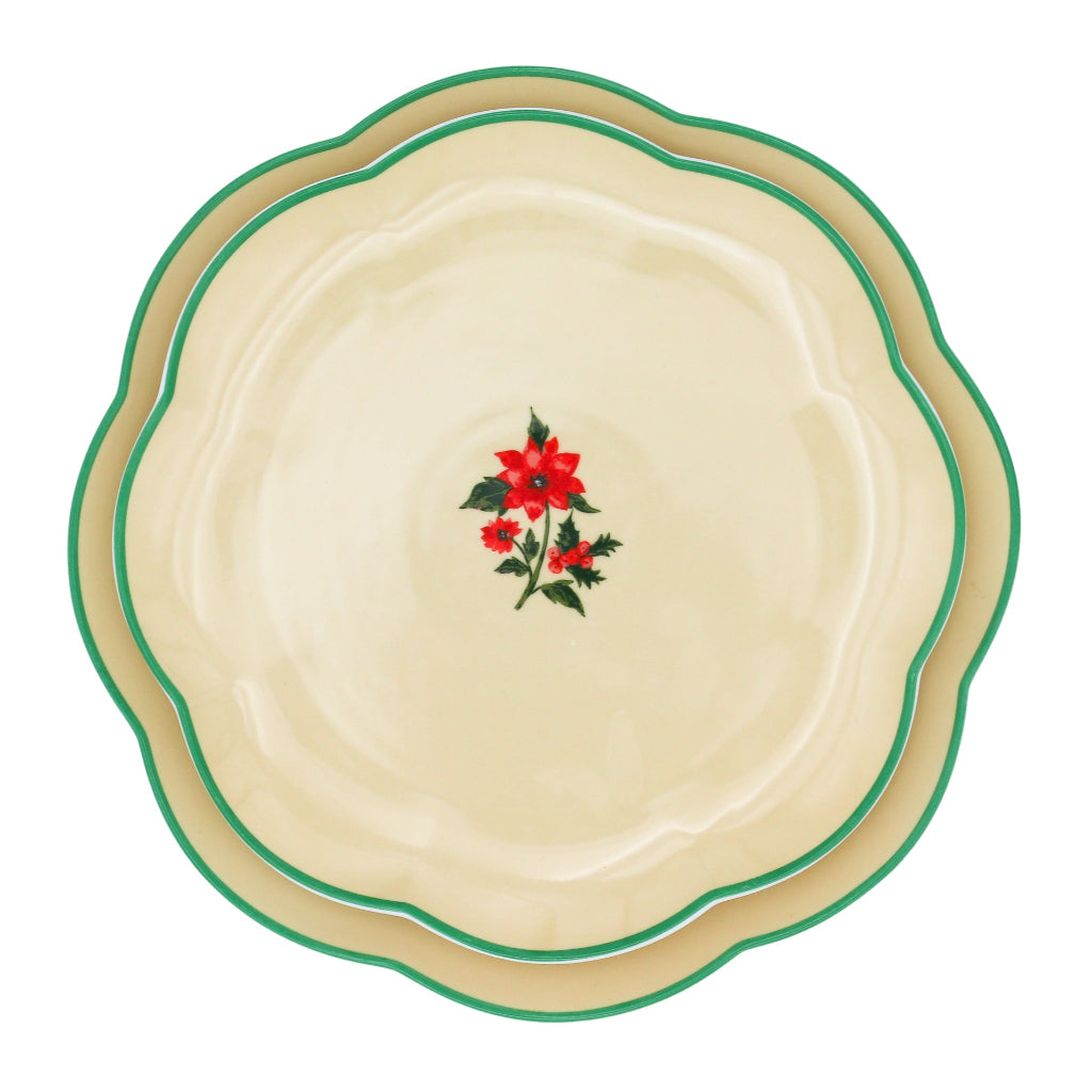 Festive Flora Scalloped Ceramic Dinner Plates – Case of 12 (+3 Bonus Plates)
