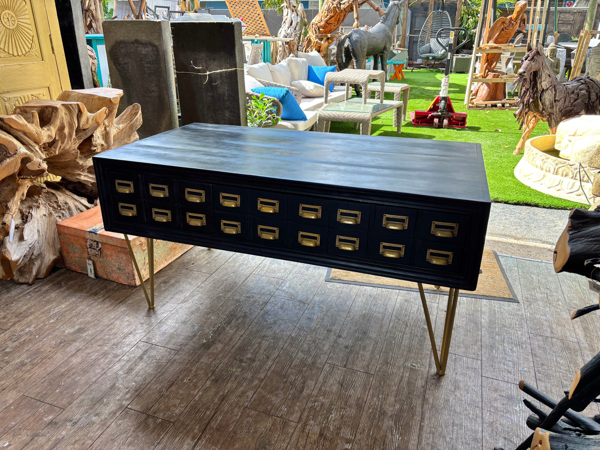 Black Multi-Drawer Console & TV Stand with Brass Hardware - 71 x 16 x 27 in