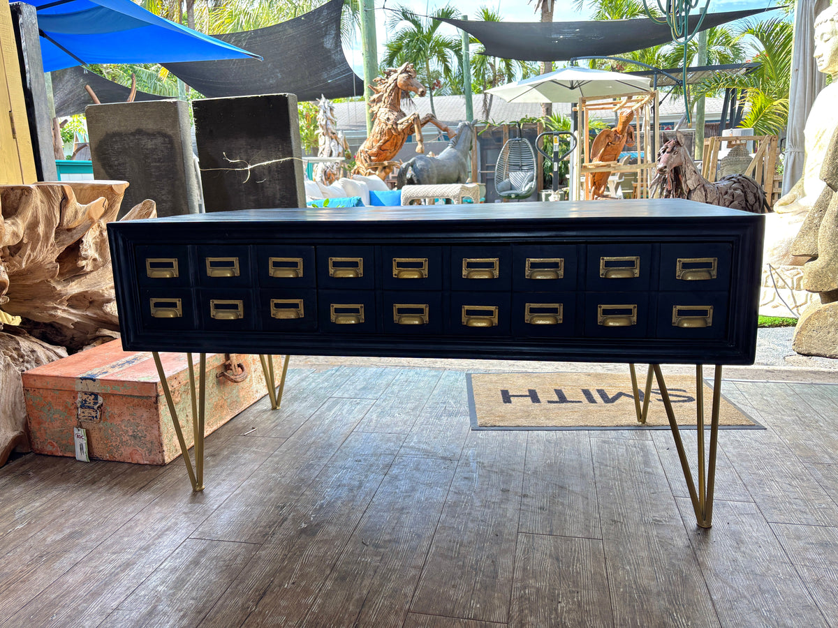 Black Multi-Drawer Console & TV Stand with Brass Hardware - 71 x 16 x 27 in