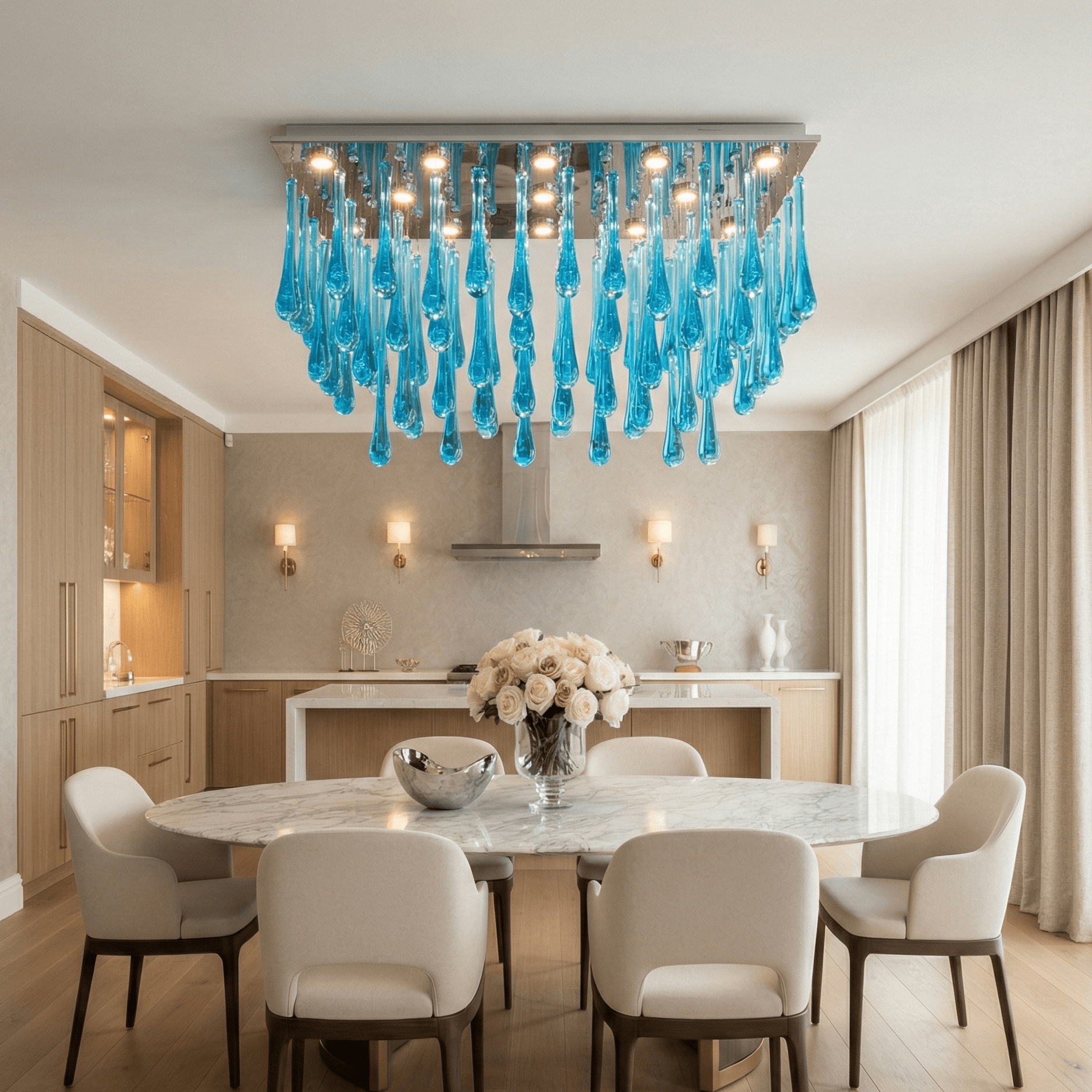 Blue glass teardrop rectangular flush mount chandelier installed above a modern dining table, featuring cascading hand blown glass drops and warm integrated lighting