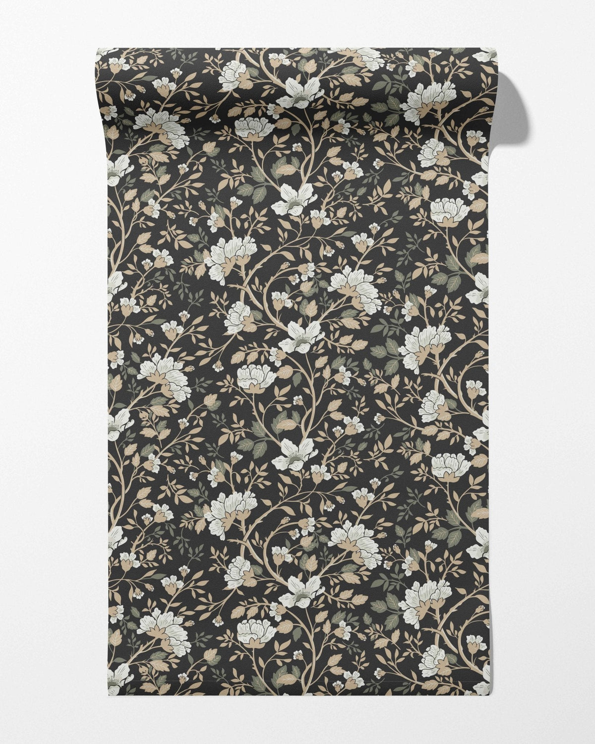 Camellia Study Wallpaper in Coal Cream Olive