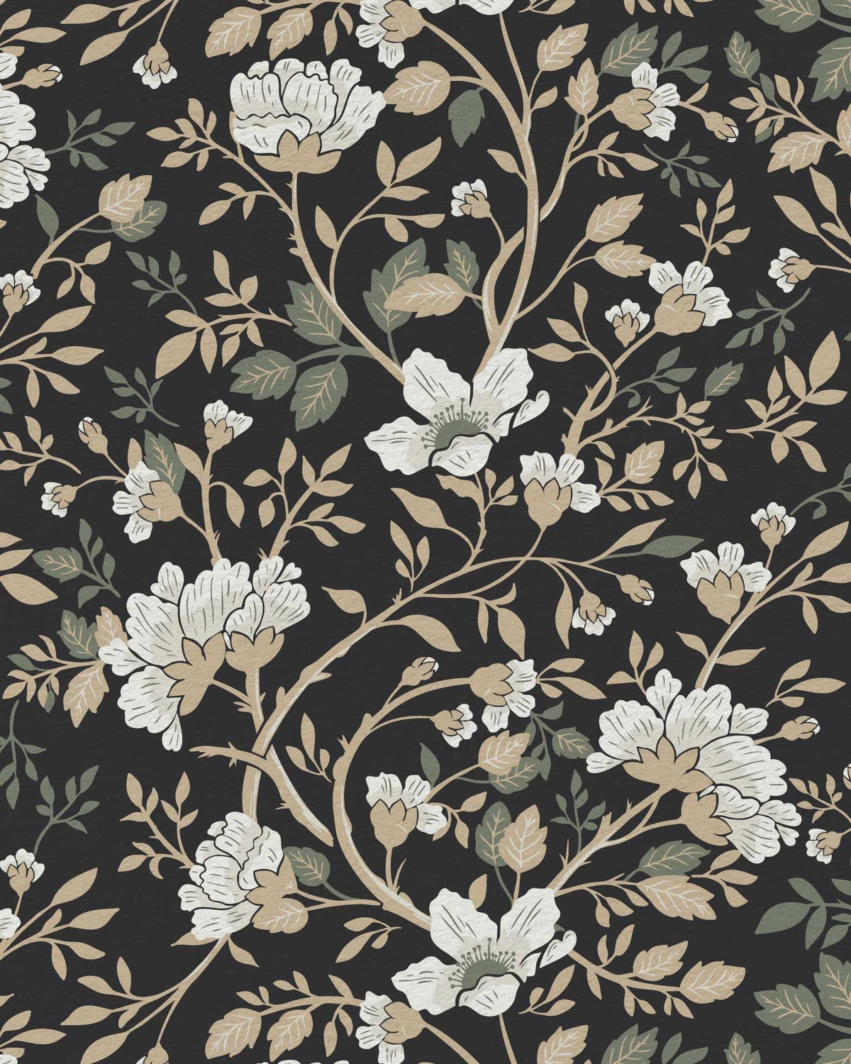 Camellia Study Wallpaper in Coal Cream Olive