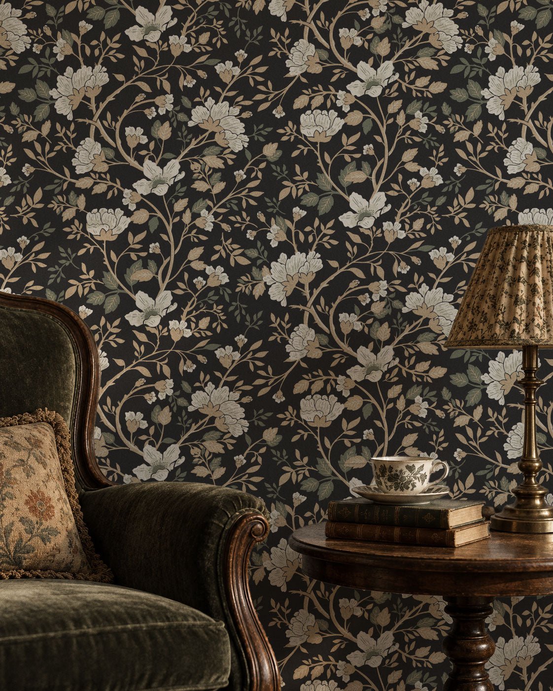 Camellia Study Wallpaper in Coal Cream Olive