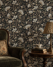 Camellia Study Wallpaper in Coal Cream Olive