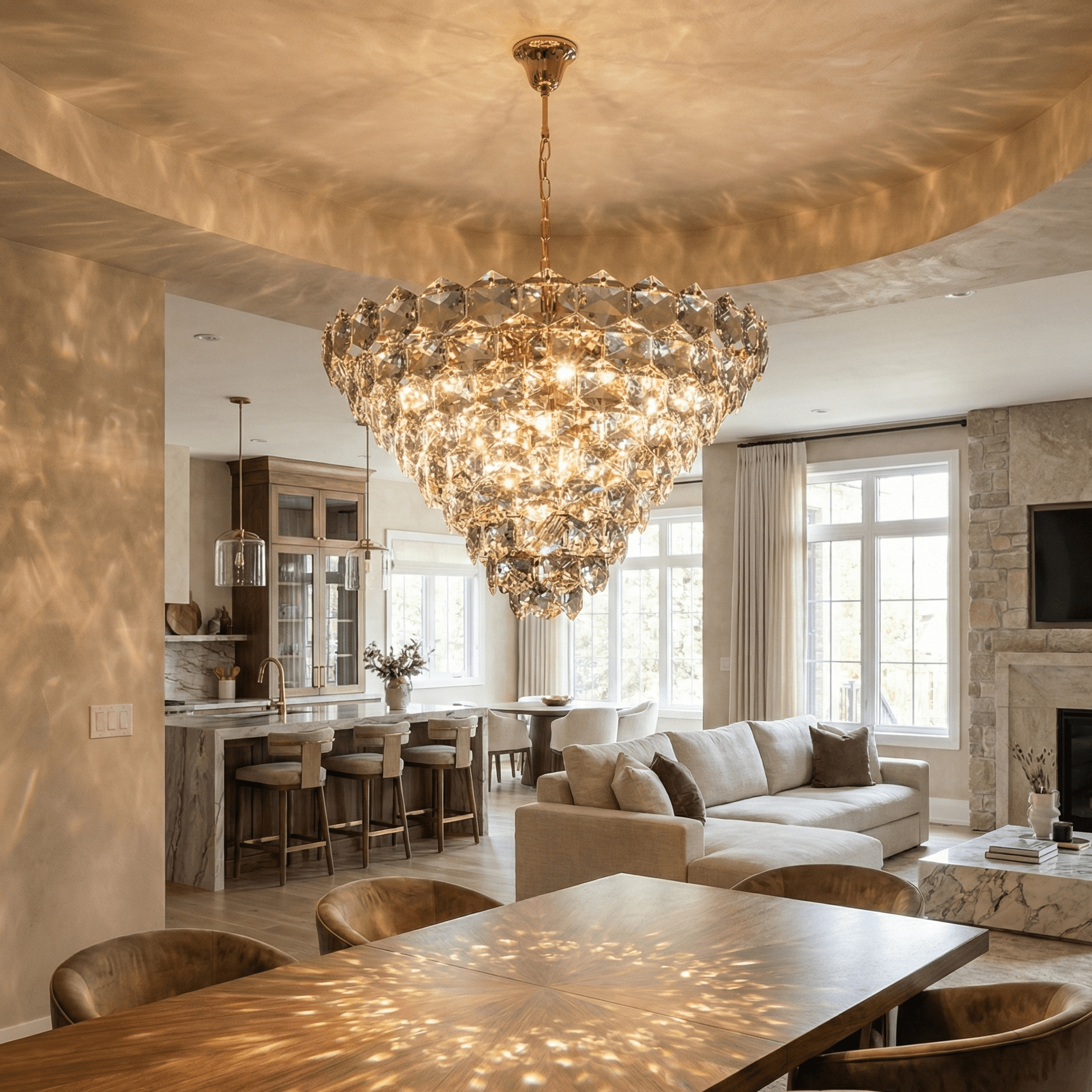 Luxury crystal chandelier illuminating an open concept dining and living room with warm ambient light and elegant crystal reflections