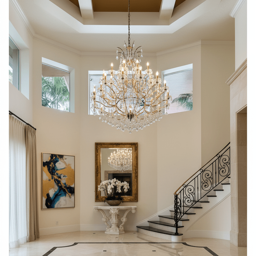 Rococo chandelier in stylish foyer with curved staircase