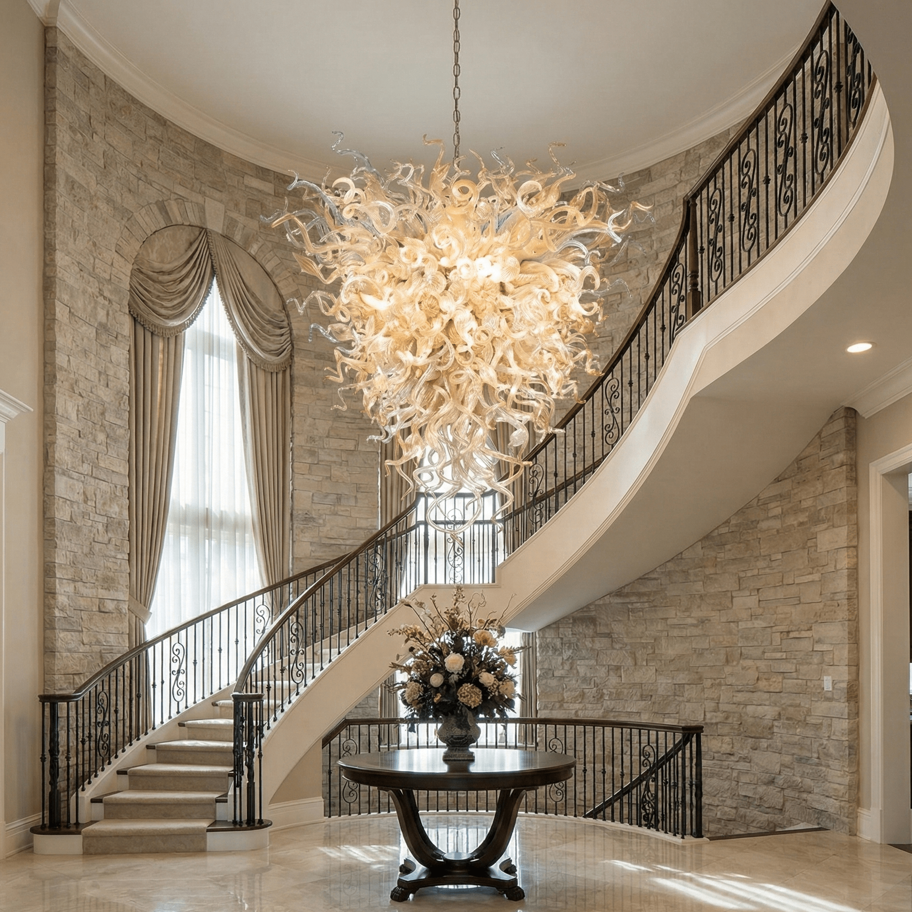 Statement lincoln murano chandelier in a luxury foyer with curved staircase, dramatic hand blown glass lighting centerpiece in an elegant entry hall