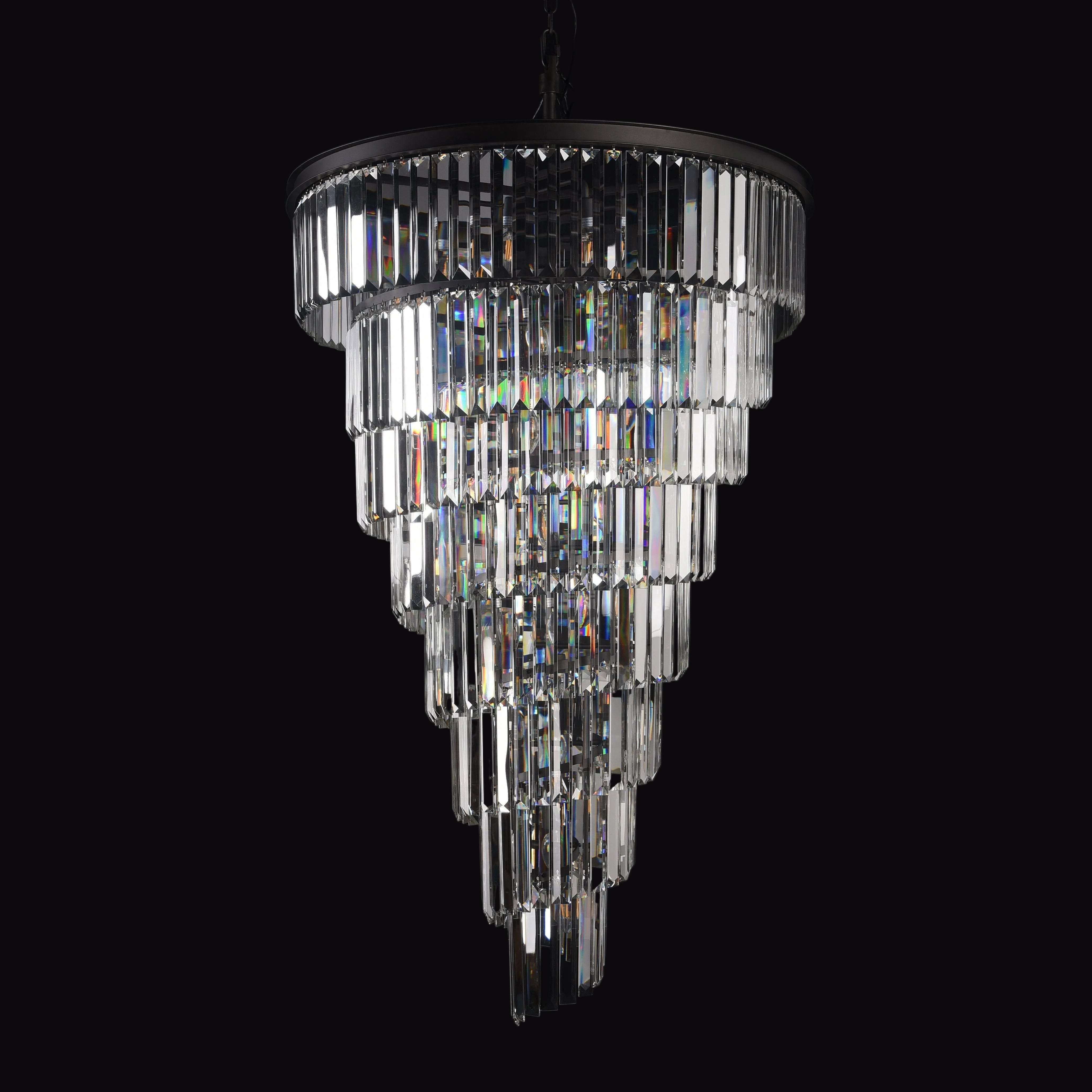 Close up detail of crystal fringe on the Veccini Odeon spiral tiered chandelier showing layered cut crystals