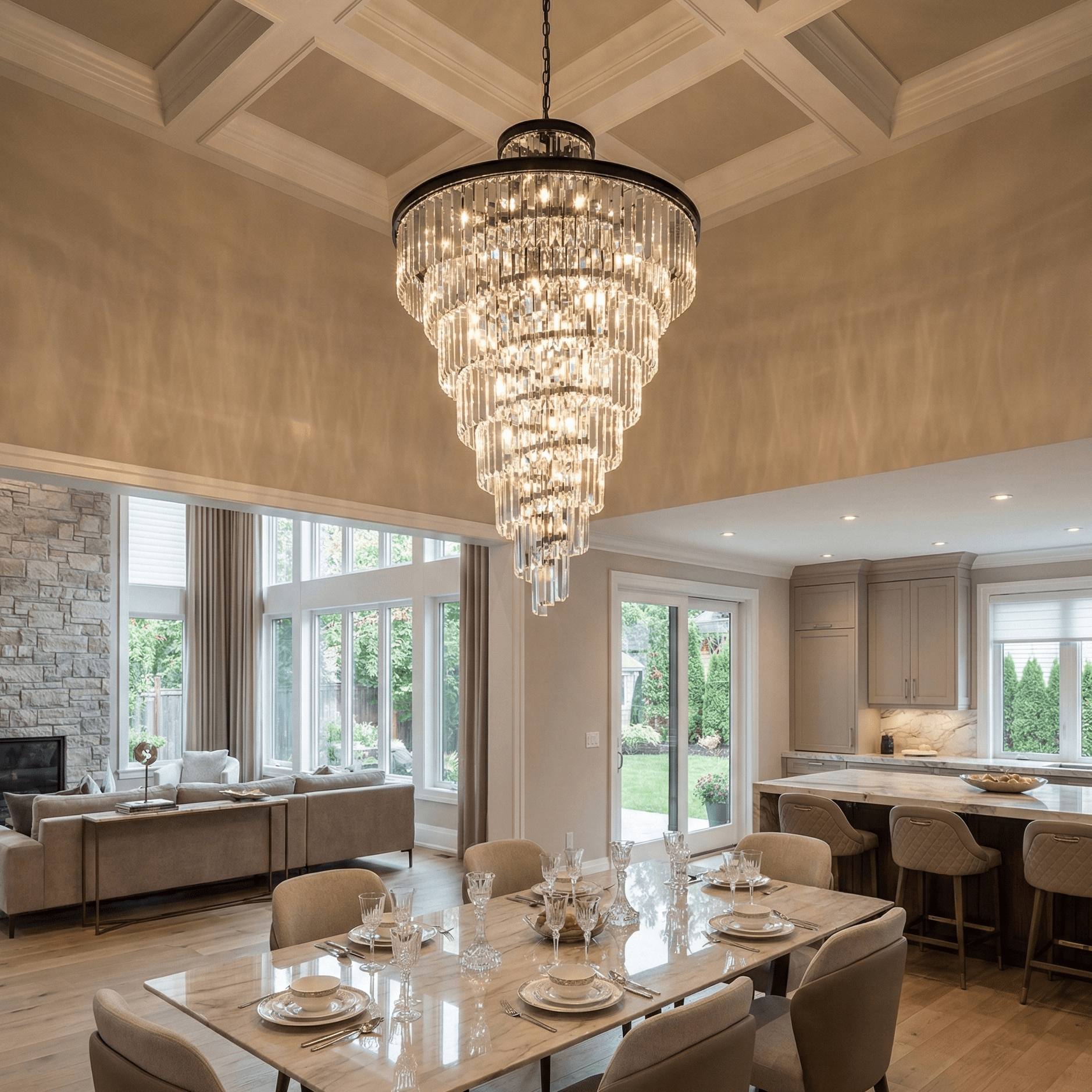 Veccini Odeon spiral tiered crystal chandelier illuminating an open concept dining room and kitchen in a luxury modern home